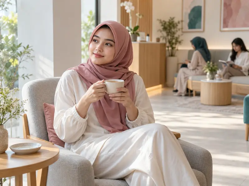 Perempuan duduk santai dengan secangkir teh hangat di ruang tunggu klinik