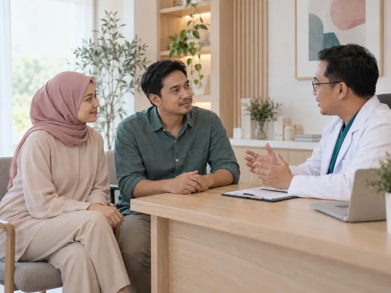 Suami dan istri berkonsultasi dengan dokter di meja konsultasi