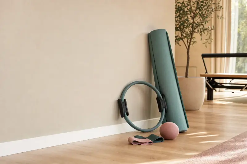 Sudut studio dengan matras, ring Pilates, dan alat Reformer