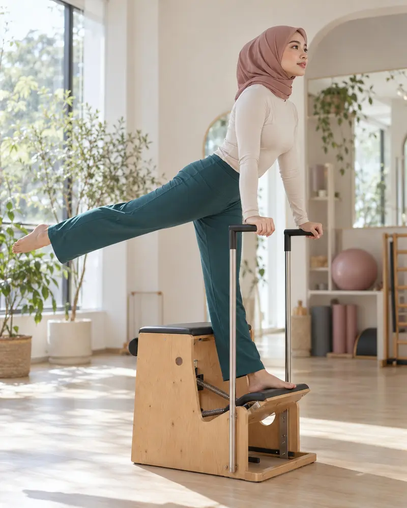 Peserta menjaga keseimbangan di kursi Pilates