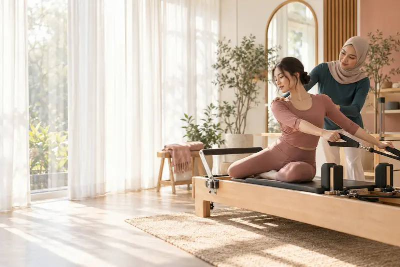 Instruktur mendampingi peserta berlatih di alat Reformer, studio Ovarya Pilates & Studio