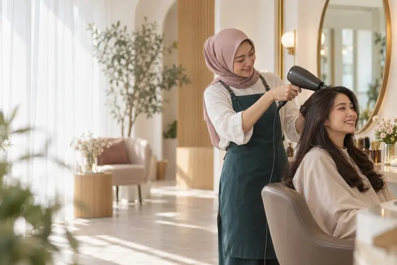 Penata rambut merawat tamu di kursi salon Ovarya Beauty Lounge yang terang